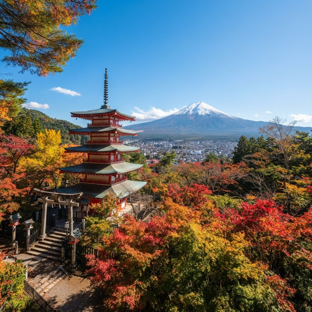 富士山と紅葉に囲まれた寺院の風景